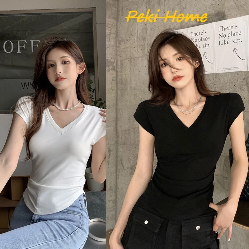 พร้อมส่ง เสื้อรัดรูป งานเรียบๆสีพื้นๆ ผ้านิ่มยืดใส่สบาย สำหรับผู้หญิง 🍰 เสื้อยืดลำลองคอวี เสื้อยืดลำลอง