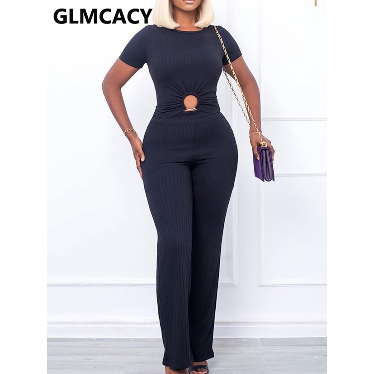 Women Summer Two Piece Ribbed Suits Short Sleeve Crop Top & Casual Stretchy Pants Set #4
