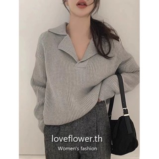 love flower เสื้อกันหนาวโปโล แขนยาว ทรงหลวม สไตล์เรโทร เสื้อยืดแขนยาว