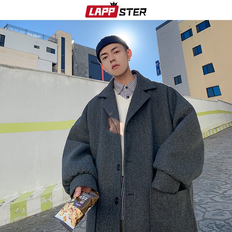 LAPPSTER Men Korean Fashions Wool Trench Coat 2022 Overcoat Mens Japanese Streetwear Winter Coat Harajuku Khaki Jackets  #2