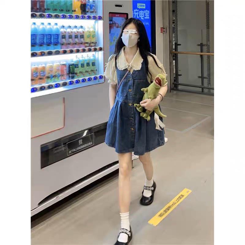 maoziicute [พร้อมส่ง]เอี๊ยมยีนส์+เสื้อครีมมีโบว์(A04)