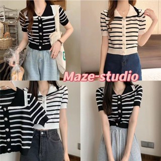 [Maze]  เสื้อลายขวางคอปก สไตล์หวานๆน่ารักใส่ได้เหมาะกับทุกโอกาส(32095)