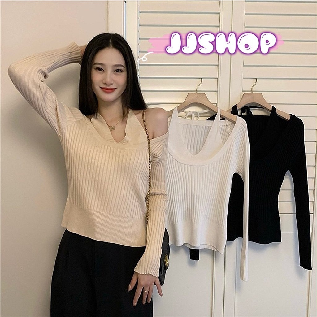 JJ shop 💜พร้อมส่ง เสื้อแขนยาวเปิดไหล่ได้ ไหมพรม ดีเทลสายผูกคล้องคอ เหมือนสองชั้น "0246" -N