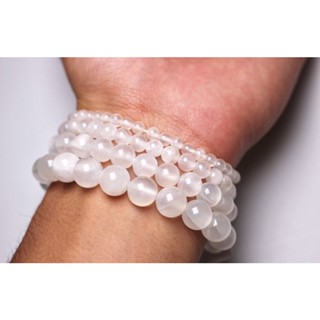 Natural Selenite Bead Bracelet, Genuine Round Beaded Healing Crystal Bracelet Men Women Stretchy Bracelet