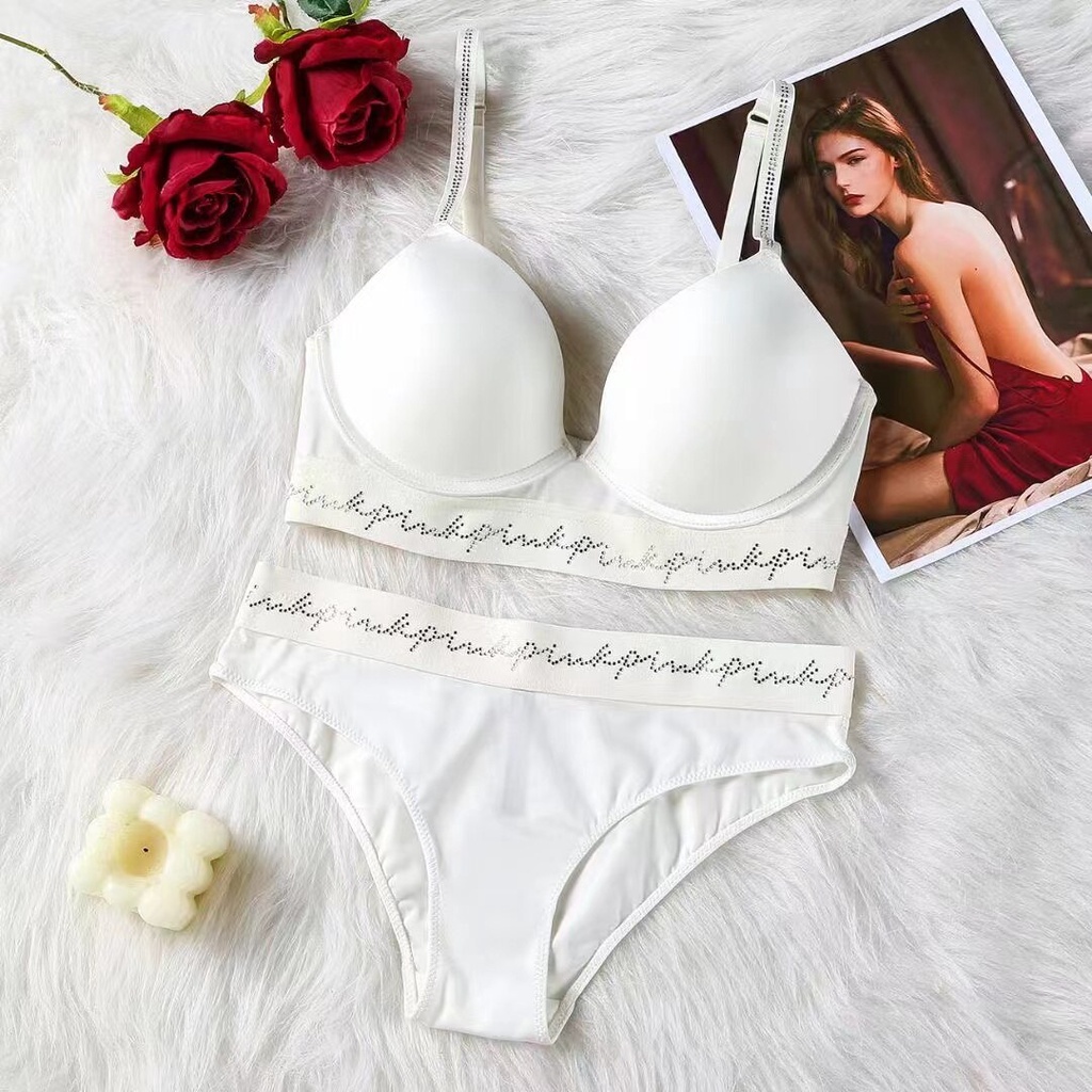 VICTORIA'S SECRET Sexy Women Lace Push Up Bra Set White rhinestone bralette  Letter Pieces Intimate Suit