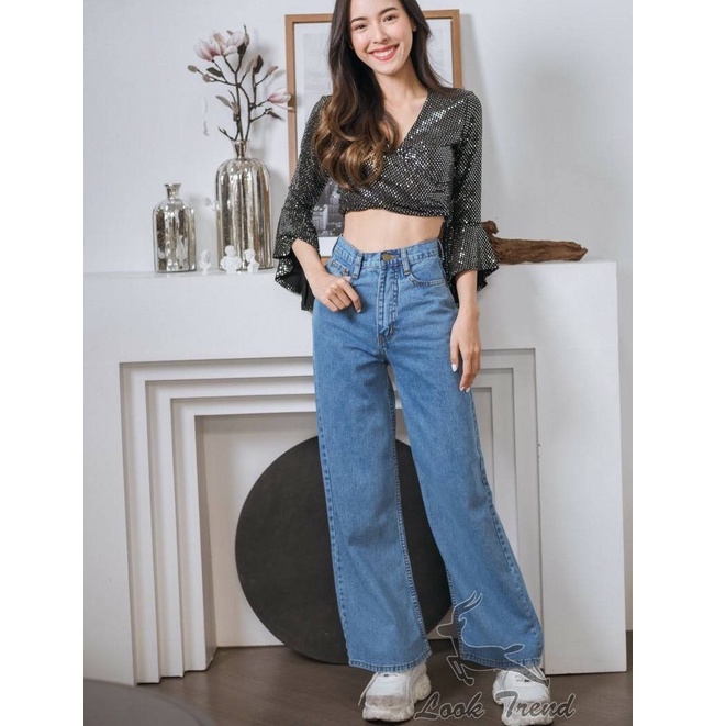 Looktrend888 กางเกงยีนส์ เอวสูง ผู้หญิง ขากว้าง ทรงกระบอกใหญ๋ ผ้าไม่ยืด ป้ายกวาง 2 สี ราคา ถูกที่สุด ดีลบีเคเค แกลเลอรีภาพที่ 2