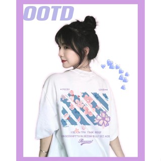 anna🍭 2351 เสื้อยืดแขนสั้น ลายซากุระ oversize T-shirt มีลายทั้งข้างหนังและข้างหลัง เสื้อยืดคอกลม