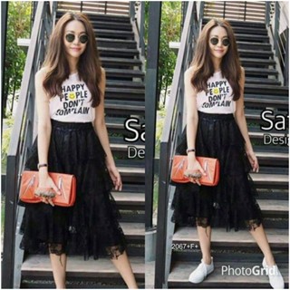 CS2067   Set เสื้อยืดแขนกุด สกรีนลาย+ กระโปรงลูกไม้  Set: sleeveless t-shirt, screen print + lace skirt