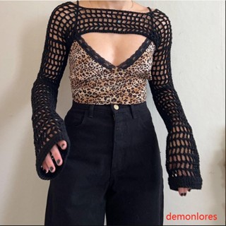 Demonlores- เสื้อครอปท็อป แขนยาว ผ้าถัก สีพื้น สไตล์สตรีท สําหรับผู้หญิง