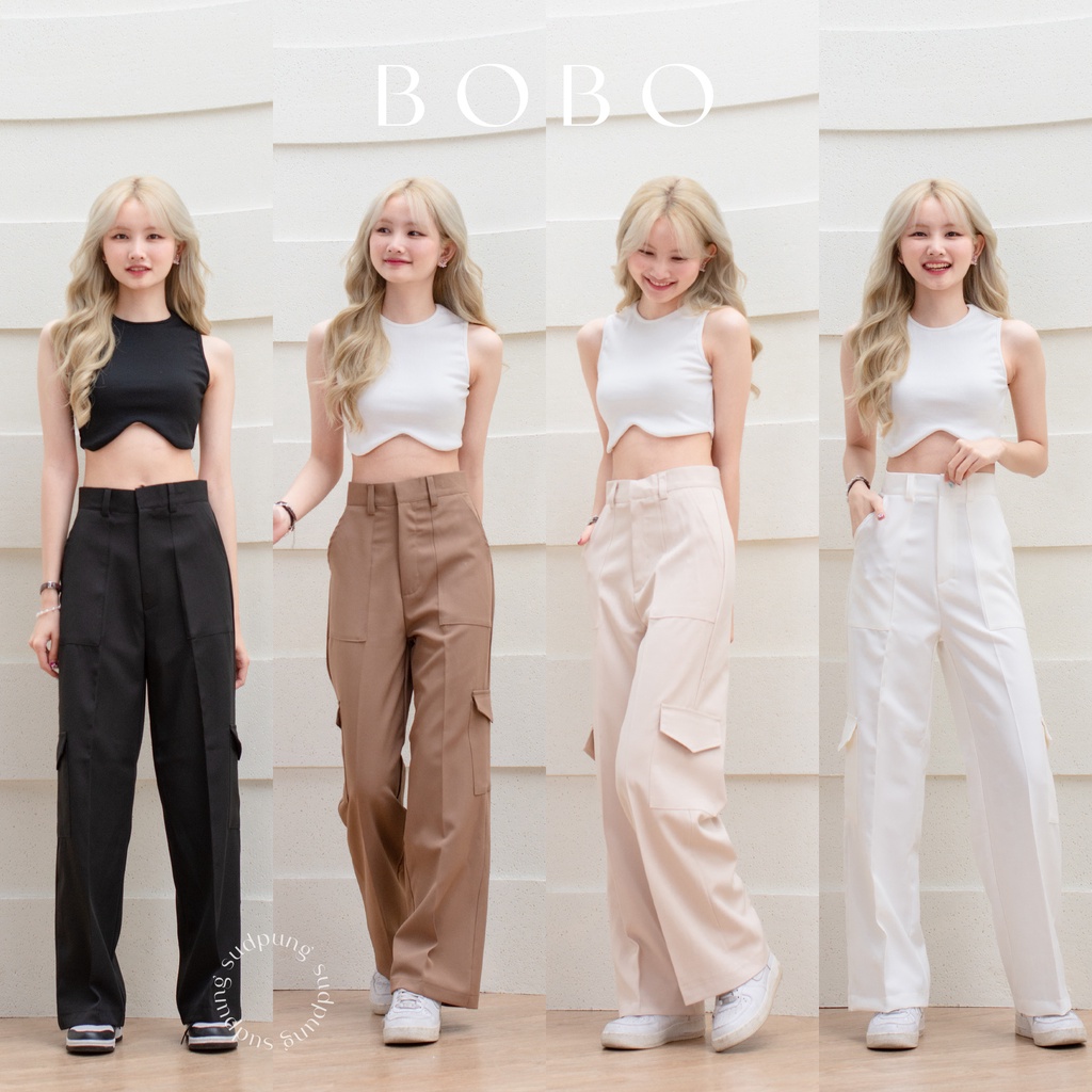 Bobo_SP018 กางเกงเอวสูง ทรงกระบอก คาร์โก้สุดฮิต มีกระเป๋า4ใบ กระเป๋าใช้ผ้าเดียวกับกางเกงเป็นซับ