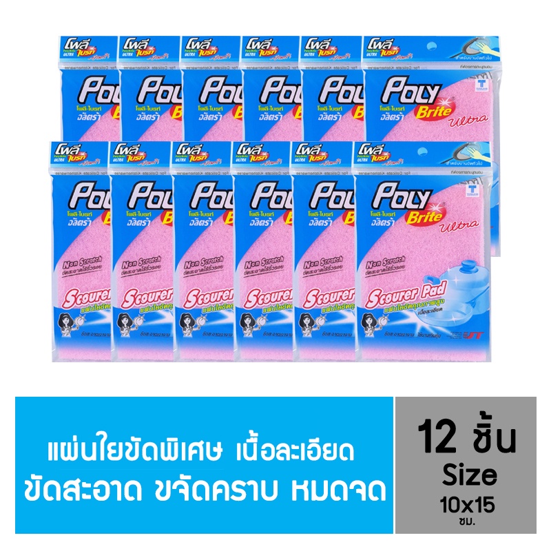 (ยกแพ็ก) Poly-Brite โพลี-ไบรท์ แผ่นใยขัดละเอียด (12 ชิ้น) ไม่เป็นรอย ขัดเทฟลอน เครื่องแก้ว จานชาม ทนทาน ขนาด 10x15 ซม.