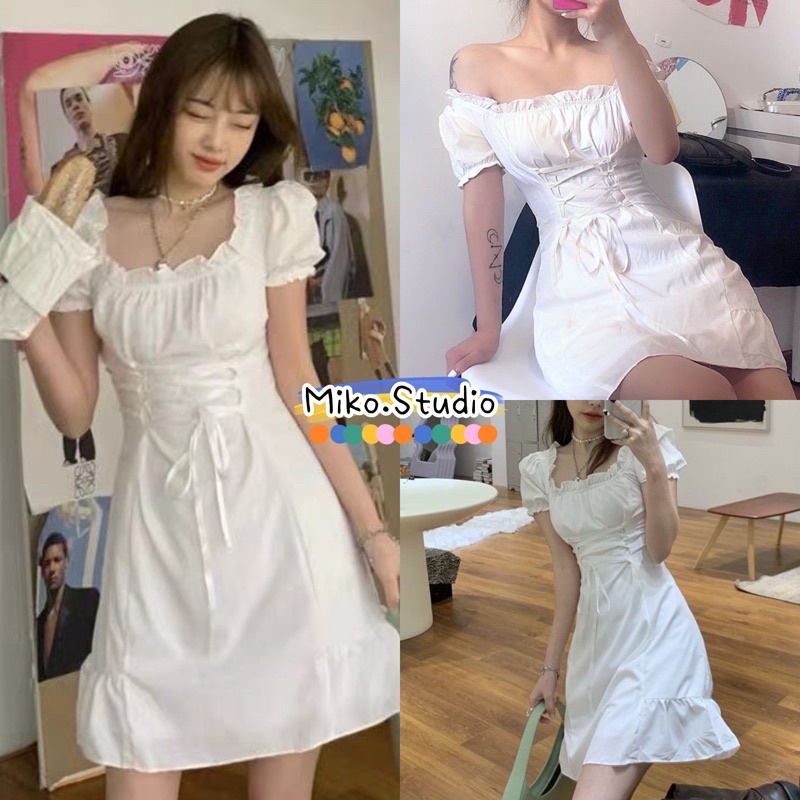 Miko พร้อมส่ง ชุดเดรสสีขาว เดรสคอกลมแขนพองและเอว ทรงเข้ารูป ผอมเพรียวชุด