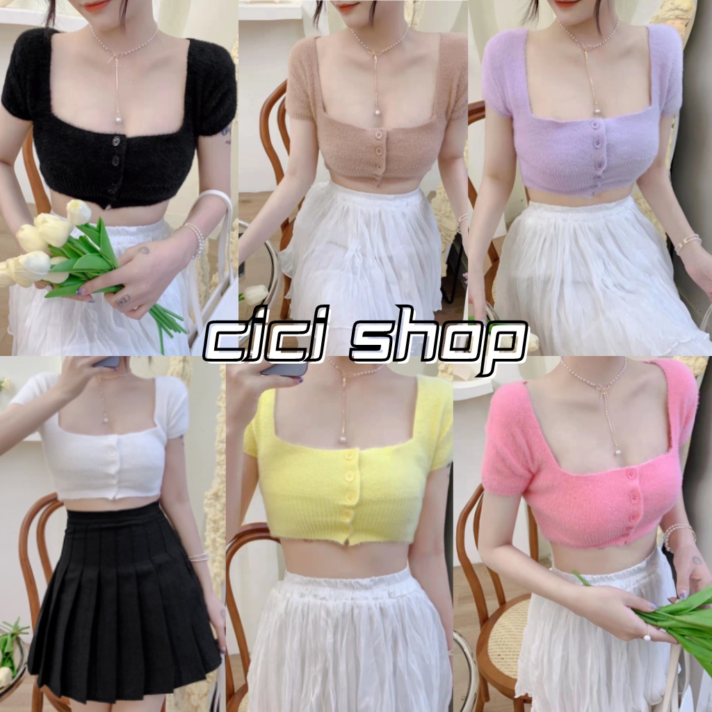 Cicishop(SALE Y8576-1) เสื้อไหมพรม Crop กระดุมหน้าคอเหลี่มโชว์เนินอก แบบแซ่บๆ ผ้าเนื้อขนนุ่มผ้าคุณภาพดี
