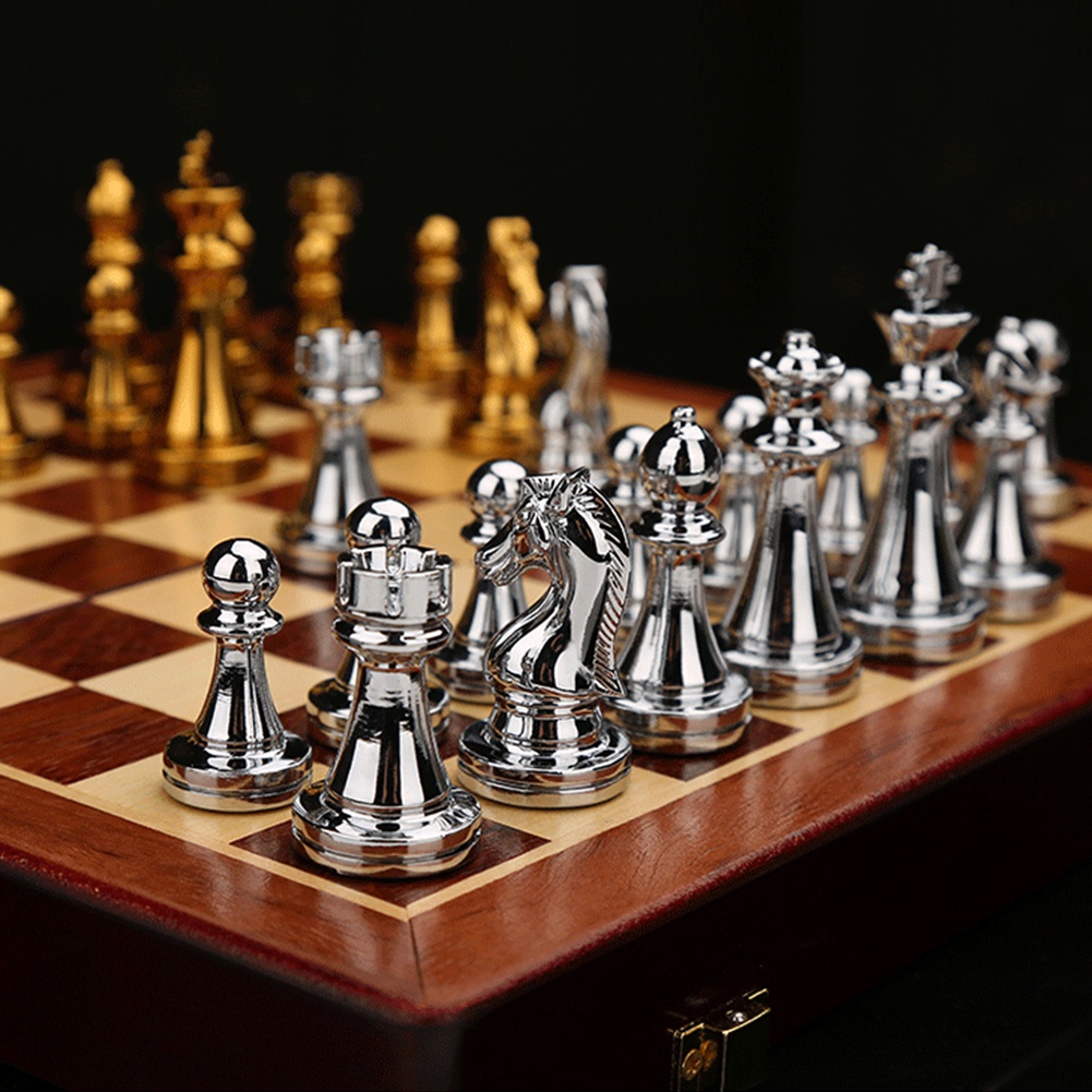 Medieval Chess Set Chessboard Gold-Silver Bronze Chess Pieces Magnetic Board Game Playing Accessories with Storage Boxl
