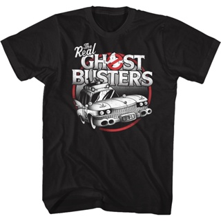 Black and White Ecto-1 Real Ghostbusters T-Shirt เสื้อยืดสีพื้น เสื้อยืดสีขาวผู้หญิง เสื้อยืดน่ารักๆ