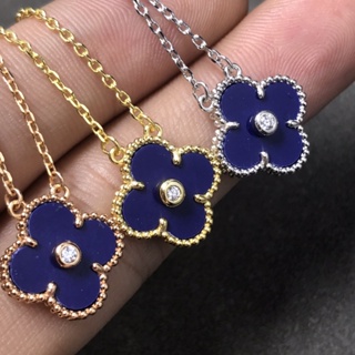 Lapis Lazuli สร้อยคอทองคํา 18K พร้อมจี้ใบโคลเวอร์สี่แฉก ประดับเพชร