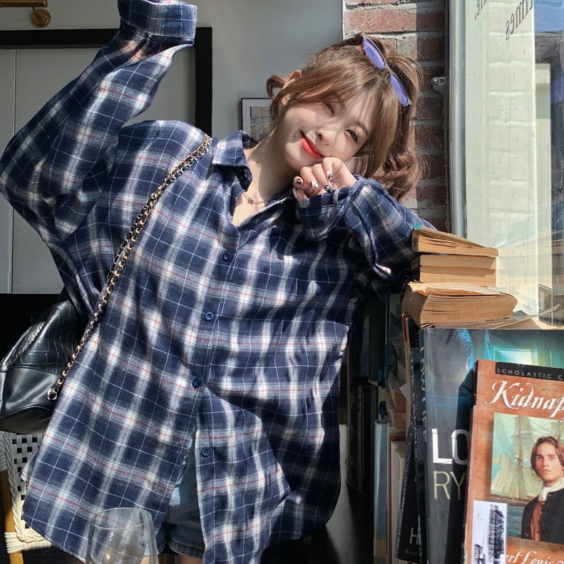 Suxi เสื้อเชิ้ตแขนยาว ลายสก๊อต สีฟ้า สไตล์วินเทจ แฟชั่นฤดูใบไม้ผลิ สําหรับผู้หญิง