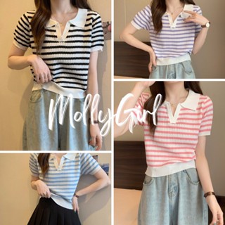 Mollygirl เสื้อยืดไหมพรมลายทางสีสายไหมน่ารัก มินิมอล เสื้อยืด เสื้อแฟชั่นผญ 6246#