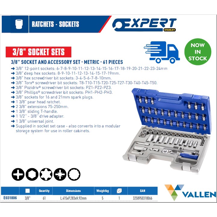 EXPERT by Stanley E031806 - 61pc 3/8" Square Drive Metric 6pt Std + 12pt Long Socket Set  ** Stock clearance sale **