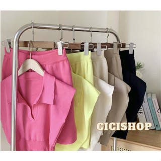 Cicishop(A655)เซตเสื้อครอปคอปก+กางเกงทรงbiker ผ้าไหมพรมknit ฮิตมากใส่ได้ตลอดไม่มีเอ้าท์