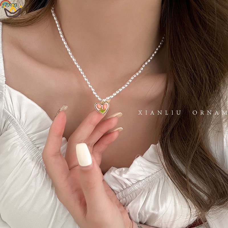 สร้อยคอมุกรักดอกไม้ทิวลิปสีชมพูหวานน่ารัก JP4 CRT