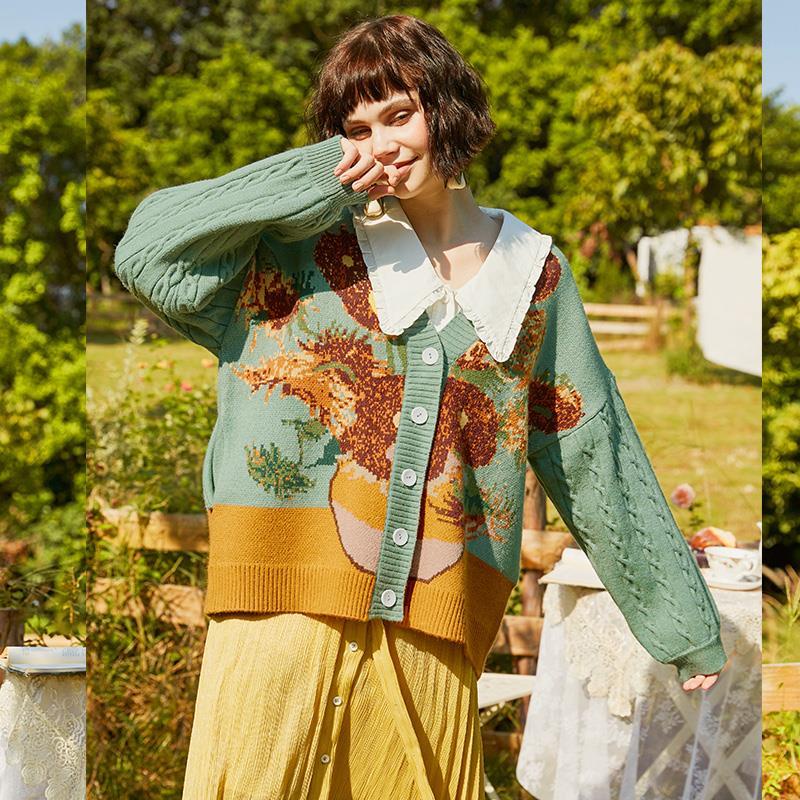 เสื้อคาร์ดิแกนกันหนาว Van Gogh Series Bright and Heaven สไตล์วินเทจ แฟชั่นฤดูใบไม้ร่วงและฤดูหนาว 23