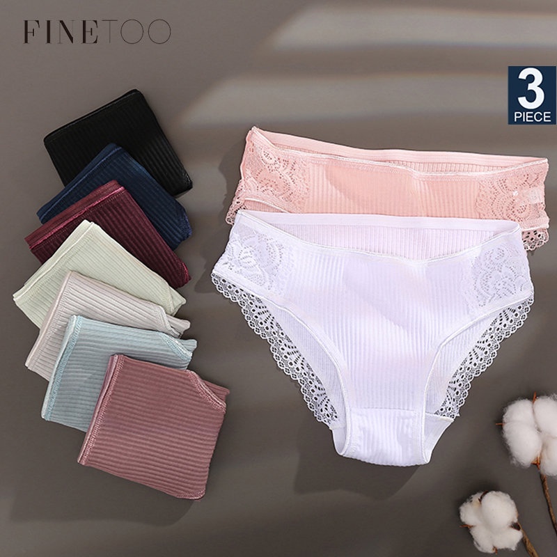 Finetoo กางเกงชั้นใน ผ้าฝ้าย เอวต่ํา แต่งหัวเข็มขัดโลหะ สําหรับผู้หญิง 3 ชิ้น ต่อชุด