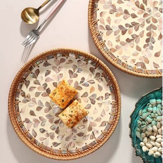 ถาดหวาย ถาดใส่อาหาร ถาดวงกลม พร็อพถ่ายรูป Rattanly Round Mosaic Tray🤎