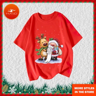 เสื้อยืดผ้าฝ้าย เสื้อยืดคริสต์มาสHillsionly Plus Size Womens Casual Round Neck Christmas Print Short Sleeve Tshirt Top