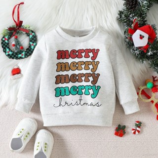 เสื้อกันหนาวแขนยาว คอกลม พิมพ์ลายตัวอักษร Merry Christmas สําหรับเด็กผู้ชาย และเด็กผู้หญิง