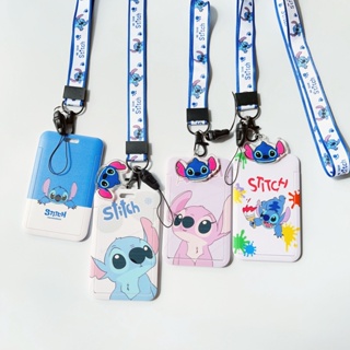 กระเป๋าใส่บัตรประจําตัวนักเรียน แบบเชือกคล้องสั้น ลาย Stitch พร้อมจี้ลายนูน สําหรับนักเรียน บัตรรถบัส บัตรประจําตัวประชาชน