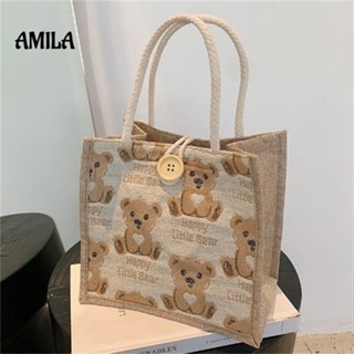 AMILA กระเป๋าโท้ท หมีน้อย Linen Girl ไปเที่ยว กระเป๋าถือ Ins กระเป๋าสะพายแฟชั่นนักเรียนญี่ปุ่นใบเล็ก