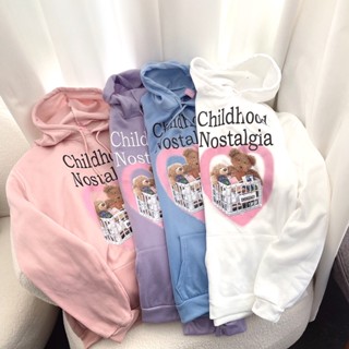 S187 เสื้อแขนยาว มีฮู้ด ผ้าสำลี สกรีน หมี childhood