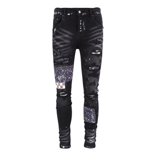 AMIRI Jeans Ripped Distressed Red Bandana Patch Slim Fit Skinny Denim Pants Men