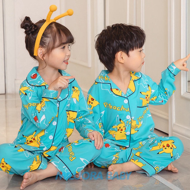 Pokemon Pikachu ชุดนอนแขนยาวชุดเด็กชุดนอนชุดนอนการ์ตูนเด็กวัยหัดเดินเสื้อผ้าชุดชายหญิงชุดนอนชุดนอน Homewear