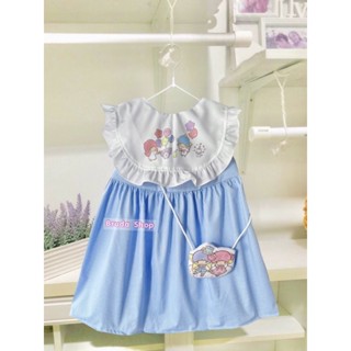 ชุดเดรสลูกสาวชุดกระโปรงสีฟ้าแถมกระเป๋าสะพายน่ารักๆ