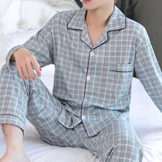 Suikone ชุดนอนแขนยาวผู้ชายชุดเสื้อแขนยาว + กางเกง 2 ชิ้นหลวมพลัสขนาดชุดนอนผู้ชายนุ่มสบาย