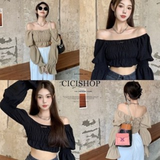 Cicishop(Y3360)เสื้อครอปปาดไหล่สม็อคทั้งตัว มีเชือกผูกข้างหลัง ลุคสายเกาสวยชิคมาก