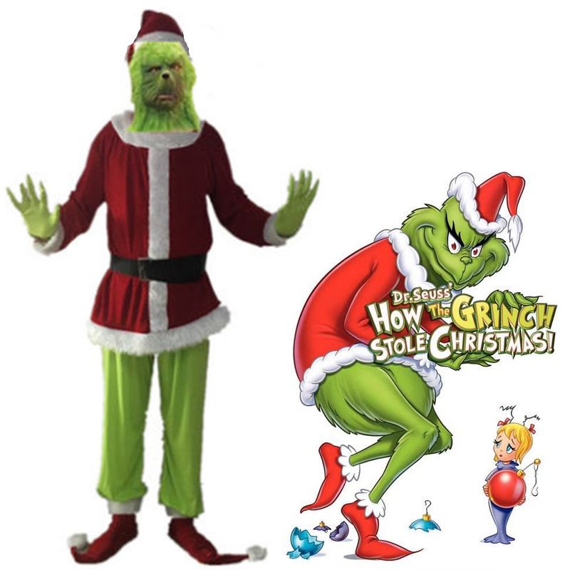 S-3XL Santa Grinch Cosplay Costume How the Grinch Stole Christmas Suit Green Fur Grinch Party Perfor