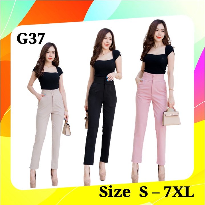 💥💥G37💥💥กางเกงเอวสูง ขาเก้าส่วน กระดุมปั้ม 2 เม็ด ผ้าโรเชฟ เกรดA+++ ขาเดฟ 9 ส่วน