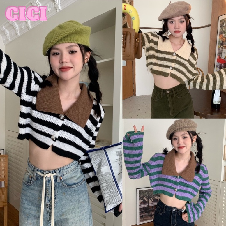 ส่งทันที Cici ❣🇹🇭🚚พร้อมส่ง❣(3A133)เสื้อครอปไหมพรมKhit คอปกลายทาง กระดุมหน้า  แมทช์กับชุดไหนก็เพิ่มความละมุนได้ดีสุดๆ