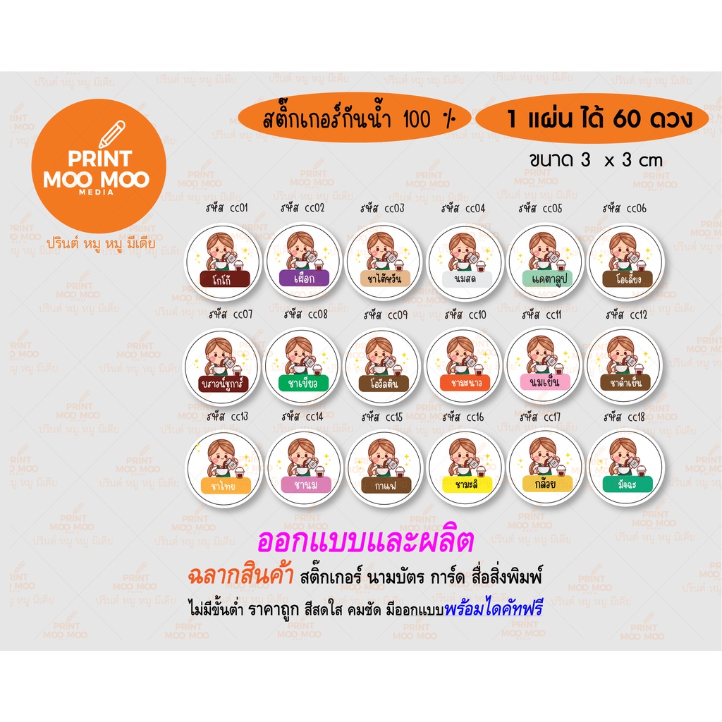 สติ๊กเกอร์ติดขวดน้ำ กาแฟบอกรสชาติเครื่องดื่ม ชานม ชาไทย ชาเย็น