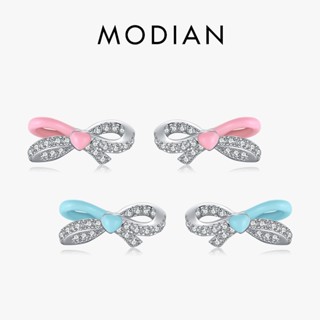 Modian ต่างหูเงินสเตอร์ลิง 925 ประดับโบว์ เพทาย สีชมพู สีฟ้า สําหรับผู้หญิง