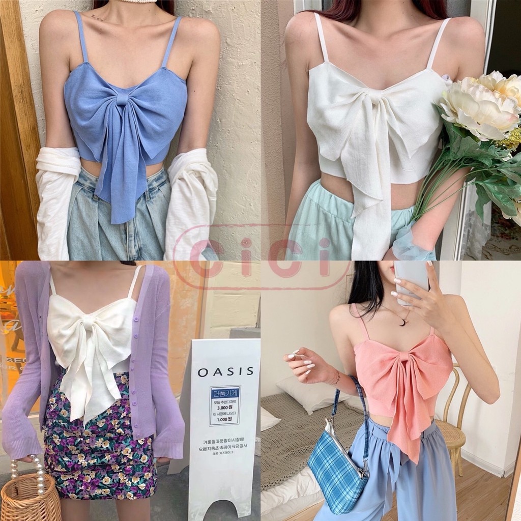 Cicishop(พร้อมส่ง)สายเดี่ยวไหมพรมเอวลอยครึ่งตัว​ แต่งจีบโบว์ใหญ่​ สีสดเนื้อผ้าเนียน(32006)