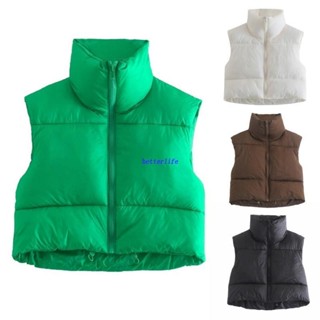 Btf Puffy Vest ผู้หญิงซิปขึ้นปกตั้งแขนกุดเบาะน้ําหนักเบาตัดเป้าเสื้อกั๊กผ้าแจ็คเสื้อหนาวอบอุ่น