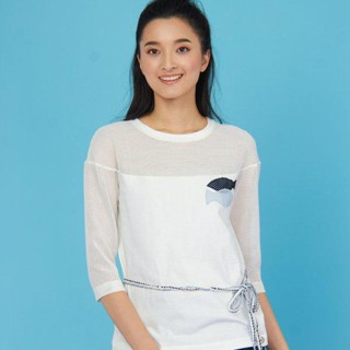 C&amp;D Cotton Blouse เสื้อยืด คอกลม แขนสามส่วน แต่งลายปลาตาข่าย เนื้อผ้ายืดคอตตอน สีขาว (CS4NWH)