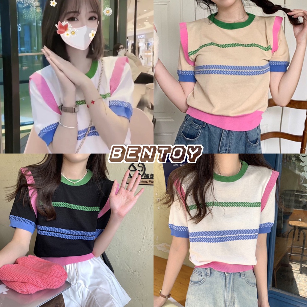 Bentoy(A453)เสื้อยืดแขนสั้นไหมพรม คอกลม  ขอบสีทูลโทรน่ารัก