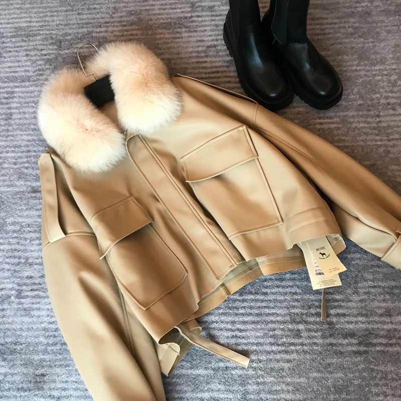 Chic Autumn Winter Detachable Faux Mink Fur Collar PU Bomber Jacket Plus Velvet Thick Trench Coat Faux Leather Zipper Ja #5