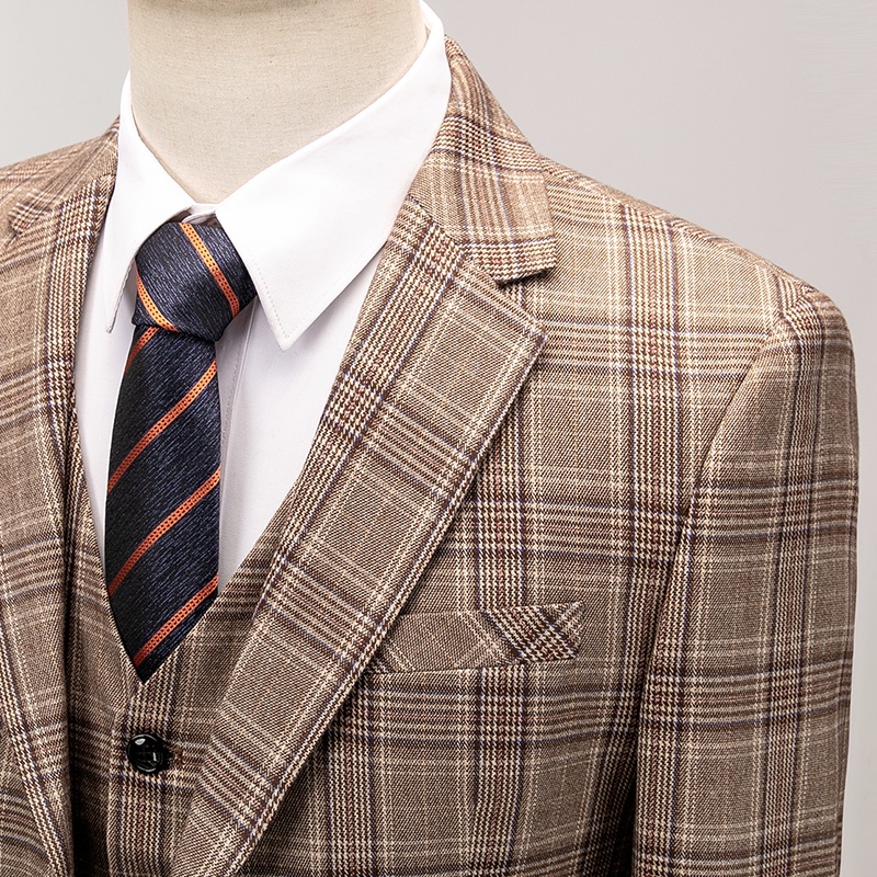 ( Jacket   Vest   Pants) 5XL Brown Retro Plaid Suit Spring and Autumn British Style Mens Suit Groom Wedding Dress Classi #4