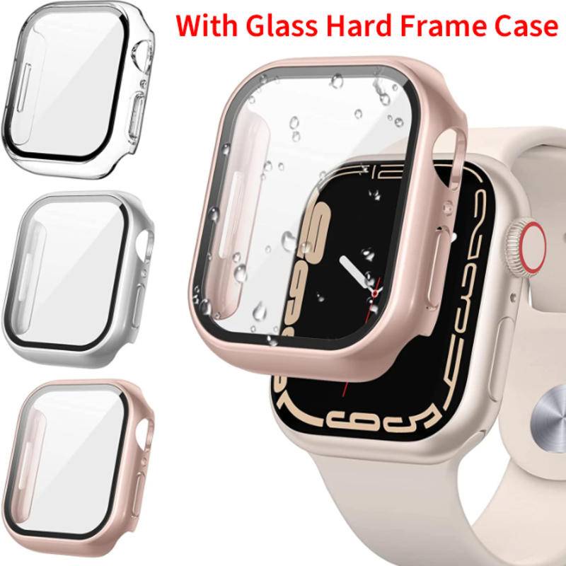 เคสแข็ง PC พร้อมกระจกนิรภัยกันรอยหน้าจอ สําหรับ Apple Watch Series 9/8/7/6/5/4/3/2/1/SE/SE2 iWatch 45 41 44 42 40 38 มม.